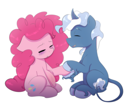 Size: 3200x2649 | Tagged: safe, artist:marukouhai, pinkie pie, pokey pierce, classical unicorn, earth pony, pony, g4, :t, belly button, blushing, curved horn, cute, eyes closed, featured image, female, floppy ears, frown, high res, holding hooves, horn, leonine tail, male, mare, open mouth, preggy pie, pregnant, sensibly-proportioned pregnancy, ship:pokeypie, shipping, simple background, sitting, smiling, stallion, straight, unshorn fetlocks, white background