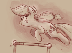 Size: 2732x2048 | Tagged: safe, artist:ncmares, applejack, g4, female, high res, jumping, monochrome, newbie artist training grounds, signature, sketch, solo