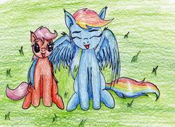 Size: 1847x1347 | Tagged: safe, artist:40kponyguy, derpibooru exclusive, rainbow dash, scootaloo, g4, cute, cutealoo, dashabetes, eyes closed, happy, scootalove, simple background, traditional art, wingding eyes
