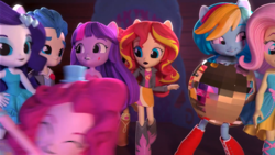 Size: 1366x768 | Tagged: safe, dj pon-3, flash sentry, fluttershy, pinkie pie, rainbow dash, rarity, sunset shimmer, twilight sparkle, vinyl scratch, equestria girls, g4, clothes, dance off, dance off (animated short), disco ball, doll, equestria girls minis, female, male, ship:flashlight, shipping, skirt, straight, toy, twilight sparkle (alicorn)