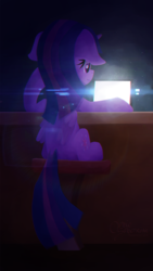 Size: 720x1280 | Tagged: safe, artist:opticspectrum, twilight sparkle, alicorn, pony, g4, chromatic aberration, female, folded wings, lens flare, looking at something, rear view, screen, sitting, solo, table, twilight sparkle (alicorn)