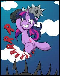 Size: 1000x1250 | Tagged: safe, artist:cyle, twilight sparkle, changeling, pony, unicorn, fanfic:hard reset, g4, chainsaw, cloud, fanfic art, grin, imminent death, jumping, newbie artist training grounds, smiling, this will end in death, underhoof