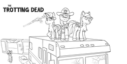 Size: 3000x1517 | Tagged: safe, artist:starrypallet, applejack, rainbow dash, rarity, twilight sparkle, zombie, g4, cap, car, clothes, crossover, gun, hat, infected, lineart, post-apocalyptic, sheriff, shotgun, the walking dead, trotting dead, weapon