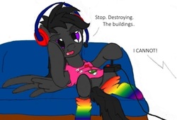 Size: 753x511 | Tagged: safe, artist:coffeehorse, oc, oc only, oc:rhapsody, clothes, rainbow socks, shirt, socks, striped socks, video game