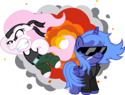 Size: 1934x1467 | Tagged: safe, artist:t-3000, princess celestia, princess luna, alicorn, pony, g4, bandana, cewestia, clothes, cool guys don't look at explosions, cute, explosion, female, filly, filly celestia, filly luna, gritted teeth, newbie artist training grounds, pink-mane celestia, simple background, sunglasses, transparent background, woona, younger