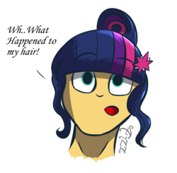 Size: 696x682 | Tagged: safe, artist:fizzwings, sci-twi, sunset shimmer, twilight sparkle, human, equestria girls, g4, accessory swap, alternate hairstyle, bust, female, hair swap, hairstyle swap, portrait, simple background, solo, white background