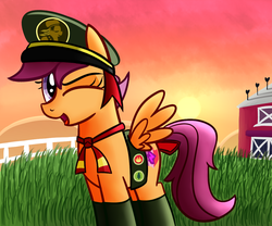 Size: 1200x1000 | Tagged: dead source, safe, artist:radek1212, scootaloo, pegasus, pony, 28 pranks later, g4, clothes, cute, cutie mark, female, filly, filly guides, one eye closed, solo, sunset, the cmc's cutie marks, wink