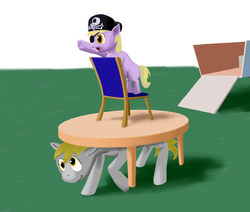 Size: 2657x2258 | Tagged: safe, artist:lemon-bitter-twist, derpy hooves, dinky hooves, pegasus, pony, g4, chair, equestria's best mother, female, hat, high res, mare, newbie artist training grounds, pirate hat, table