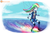 Size: 1125x750 | Tagged: safe, artist:lumineko, rainbow dash, equestria girls, g4, air ponyville, clothes, female, gliding, parachute, rainbow, solo, spray, swooping, water