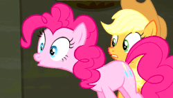 Size: 480x270 | Tagged: safe, screencap, applejack, pinkie pie, pony, g4, the saddle row review, animated, cute, diapinkes, female, jumping, pronking, varying degrees of want