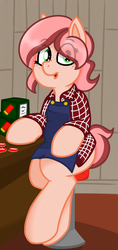 Size: 642x1365 | Tagged: safe, artist:coatieyay, oc, oc only, apron, bottlecap, clothes, freckles, sitting, solo
