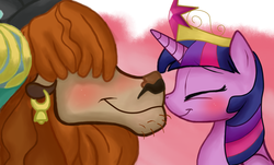Size: 850x512 | Tagged: artist needed, safe, prince rutherford, twilight sparkle, alicorn, pony, yak, g4, blushing, crack shipping, crown, female, jewelry, male, regalia, shipping, smiling, straight, twiford, twilight sparkle (alicorn)