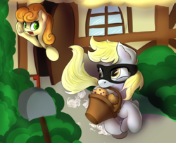 Size: 1444x1180 | Tagged: safe, artist:klemm, carrot top, derpy hooves, golden harvest, pegasus, pony, g4, female, food, mare, mask, muffin, newbie artist training grounds, running, thief