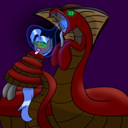 Size: 4000x4000 | Tagged: safe, artist:askhypnoswirl, oc, oc only, oc:reiku, oc:shaw, lamia, original species, pony, absurd resolution, ahegao, blushing, bondage, coils, fetish, hypnosis, kaa eyes, open mouth, soul vore, tongue out, vore
