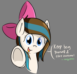 Size: 2645x2540 | Tagged: safe, artist:mintysketch, oc, oc only, oc:breezy, earth pony, pony, bow, bust, cute, female, gray background, hair bow, high res, hooves, looking at you, mare, motivational, open mouth, positive ponies, simple background, smiling, underhoof