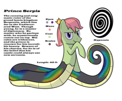 Size: 1200x1000 | Tagged: safe, artist:mightyshockwave, oc, oc only, oc:prince serpis, lamia, original species, snake, crown, hypnosis, iridescence, jewelry, reference sheet, regalia, solo