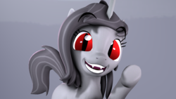 Size: 2400x1350 | Tagged: safe, artist:hellhounds04, oc, oc only, oc:shelby, pony, unicorn, 3d, cute, fangs, female, gray background, looking at you, mare, ocbetes, simple background, slit pupils, solo, source filmmaker, underhoof, waving