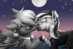 Size: 1354x916 | Tagged: safe, artist:stasushka, oc, oc only, oc:beakbreaker, oc:silverspeak, alicorn, pony, zebra, fanfic art, female, glasses, kissing, male, moon, oc x oc, shipping, straight