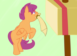 Size: 1250x900 | Tagged: safe, artist:tyrannisumbra, scootaloo, g4, female, newbie artist training grounds, simple background, solo, training dummy, wooden sword