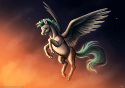 Size: 1280x905 | Tagged: safe, artist:naira, oc, oc only, oc:whirring cogs, pegasus, pony, flying, green eyes, green hair, solo, spread wings, sunset, twilight (astronomy), wings