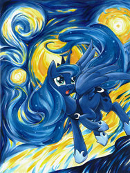 Size: 800x1064 | Tagged: safe, artist:muffyn-man, princess luna, alicorn, pony, g4, female, fine art parody, mare, open mouth, solo, starry night, the starry night, traditional art