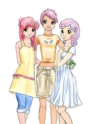 Size: 900x1264 | Tagged: safe, artist:stellachan, apple bloom, scootaloo, sweetie belle, human, g4, belly button, clothes, cutie mark crusaders, dress, humanized, midriff, short shirt, traditional art