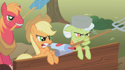 Size: 1280x720 | Tagged: safe, screencap, applejack, big macintosh, granny smith, earth pony, pony, g4, swarm of the century, angry, flyswatter, helmet, male, mouth hold, pesticide, pitchfork, stallion, trio, wagon