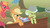 Size: 1280x720 | Tagged: safe, screencap, applejack, big macintosh, granny smith, earth pony, pony, g4, my little pony: friendship is magic, swarm of the century, angry, flyswatter, helmet, male, mouth hold, pesticide, pitchfork, stallion, trio, wagon