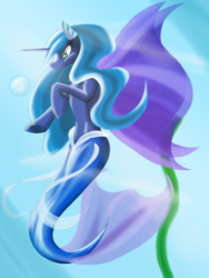 Size: 768x1024 | Tagged: safe, princess luna, alicorn, merpony, pony, seapony (g4), g4, blue mane, bubble, colored, crepuscular rays, digital art, eyelashes, female, fin wings, fins, fish tail, flowing mane, flowing tail, green eyes, horn, mare, mermaid tail, mermaidized, ocean, seaponified, seapony luna, solo, species swap, sunlight, swimming, tail, underwater, water, wings