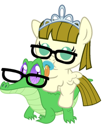 Size: 836x1017 | Tagged: safe, artist:red4567, gummy, zippoorwhill, pegasus, pony, g4, baby, baby pony, cute, glasses, pacifier, ponies riding gators, riding, weapons-grade cute, zippoorbetes