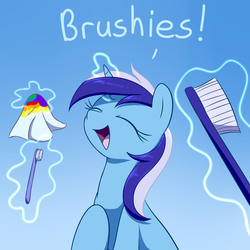 Size: 1280x1280 | Tagged: safe, artist:acersiii, minuette, pony, unicorn, 28 pranks later, g4, brushie, dialogue, eyes closed, female, magic, mare, mint, open mouth, toothbrush