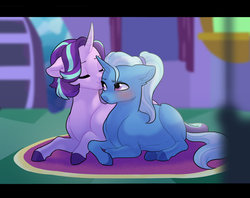 Size: 800x632 | Tagged: safe, artist:kianamai, starlight glimmer, trixie, pony, unicorn, kilalaverse, g4, alternate hairstyle, blushing, couple, cute, diatrixes, female, glimmerbetes, lesbian, magical lesbian spawn, mare, offspring, pregnant, sensibly-proportioned pregnancy, ship:startrix, shipping