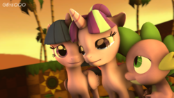 Size: 1920x1080 | Tagged: safe, artist:goldeneye000, spike, starlight glimmer, twilight sparkle, alicorn, pony, g4, 3d, flower, signature, source filmmaker, teary eyes, tree, twilight sparkle (alicorn)