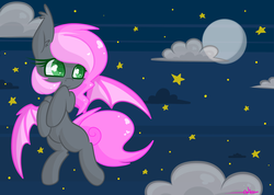 Size: 3000x2130 | Tagged: safe, artist:ashee, oc, oc only, oc:heartbeat, bat pony, pony, cute, female, filly, flying, high res, moon, night, solo, stars, wingding eyes
