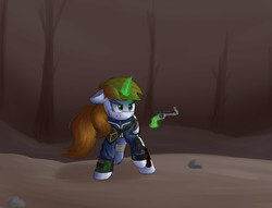 Size: 2000x1528 | Tagged: safe, artist:vanillaghosties, oc, oc only, oc:littlepip, pony, unicorn, fallout equestria, clothes, fanfic, fanfic art, female, glowing horn, gun, handgun, horn, jumpsuit, little macintosh, magic, mare, newbie artist training grounds, pipbuck, revolver, solo, telekinesis, vault suit, wasteland, weapon