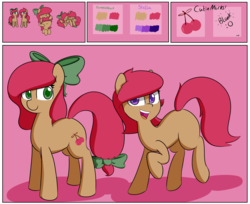 Size: 1838x1500 | Tagged: safe, artist:lockheart, oc, oc only, oc:cherry sweetheart, oc:stella cherry, earth pony, pony, cherry, cutie mark, food, hair bow, open mouth, reference sheet, siblings, tail bow, teeth, text, twins