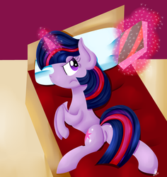 Size: 2500x2650 | Tagged: safe, anonymous artist, twilight sparkle, pony, unicorn, g4, bed, book, book cover, female, frown, high res, levitation, lineless, magic, mare, solo, telekinesis