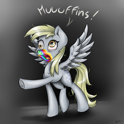 Size: 3024x3024 | Tagged: safe, artist:gaelledragons, derpy hooves, pegasus, pony, 28 pranks later, g4, cookie zombie, female, high res, mare, open mouth, rainbow muzzle, raised hoof, solo, that pony sure does love muffins