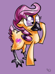 Size: 389x524 | Tagged: safe, artist:sallindaemon, scootaloo, hippalectryon, hybrid, pony, g4, cutie mark, female, filly, purple background, scootachicken, simple background, solo, species swap, the cmc's cutie marks