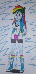 Size: 1080x2202 | Tagged: safe, artist:amyrosexshadowlover, rainbow dash, equestria girls, g4, big breasts, boots, breasts, busty rainbow dash, cleavage, clothes, cutie mark, cutie mark on clothes, female, grin, high heel boots, shoes, signature, smiling, solo, traditional art