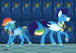 Size: 9600x6700 | Tagged: safe, artist:colourstrike, rainbow dash, soarin', pegasus, pony, g4, absurd resolution, butt, clothes, colored wings, colored wingtips, duo, female, goggles, holding tails, locker room, male, mare, plot, seduction, ship:soarindash, shipping, stallion, straight, tail seduce, wonderbolts uniform