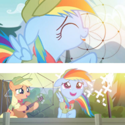 Size: 591x593 | Tagged: safe, artist:pastelpiesister, edit, edited screencap, screencap, applejack, rainbow dash, earth pony, pegasus, pony, g4, the mane attraction, character swap, clothes, cute, dashabetes, duo, duo female, eyes closed, female, filly, filly applejack, filly rainbow dash, guitar, hat, icosahedron, jackabetes, open mouth, open smile, raised hoof, singing, smiling, spread wings, tongue out, wings, younger