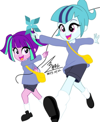 Size: 1124x1365 | Tagged: safe, artist:bluse, aria blaze, sonata dusk, equestria girls, g4, duo, female, playing, show accurate, simple background, white background, younger