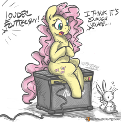 Size: 1000x1012 | Tagged: safe, artist:flutterthrash, angel bunny, fluttershy, pony, g4, alternate hairstyle, amplifier, dialogue, female, mare, open mouth, patreon, patreon logo