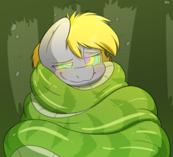 Size: 2625x2385 | Tagged: safe, artist:fluffyxai, derpy hooves, pegasus, pony, snake, g4, blushing, coiling, coils, female, forest, high res, hypnosis fetish, kaa eyes, mare, mind control, sleepy, sleepy eyes, smiling, solo, wrapped up
