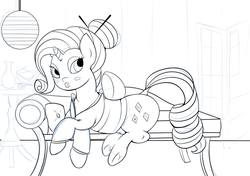 Size: 2048x1445 | Tagged: safe, artist:candlesnacks, derpibooru exclusive, rarity, g4, chaise, clothes, female, kanzashi, kimono (clothing), lamp, lineart, monochrome, obi (clothing), pillow, pipe, rouge, sake, simple background, solo, table, underhoof, vase