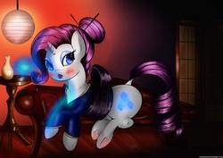 Size: 640x452 | Tagged: safe, artist:candlesnacks, rarity, g4, chaise, chopsticks in hair, clothes, female, folding screen, kanzashi, kimono (clothing), lamp, lineart, obi (clothing), pillow, pipe, rouge, sake, simple background, solo, table, underhoof, vase