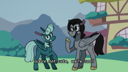 Size: 1280x720 | Tagged: safe, artist:enma-darei, oc, oc only, oc:cold snap, oc:mortimer hooves, pegasus, pony, demolition bird squad, duo, female, glasses, grin, i'm not cute, looking at you, male, mare, smiling, stallion