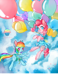Size: 480x640 | Tagged: dead source, safe, artist:croon yu, pinkie pie, rainbow dash, earth pony, pegasus, pony, g4, balloon, clothes, cloud, colored pupils, cupcake, cute, dress, duo, flying, food, heart, pixiv, rainbow cupcake, sky, stars, then watch her balloons lift her up to the sky