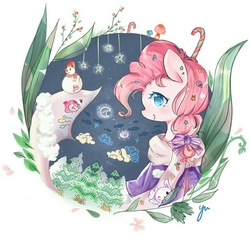 Size: 893x856 | Tagged: safe, artist:croon yu, pinkie pie, g4, candy, candy cane, clothes, food, smiling, snowman